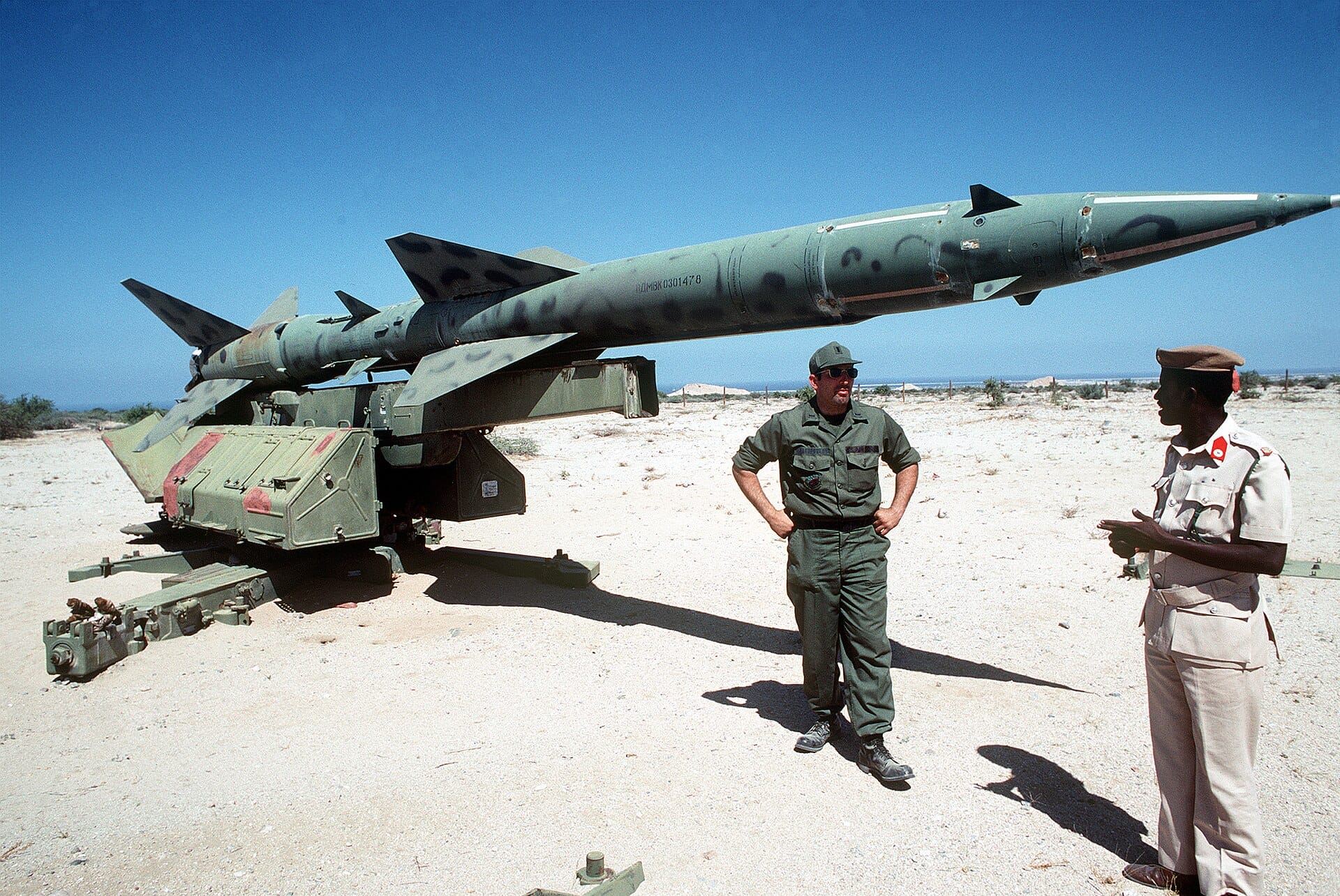 Soviet S-75 Dvina SA-2 Guideline surface-to-air missile on its launcher