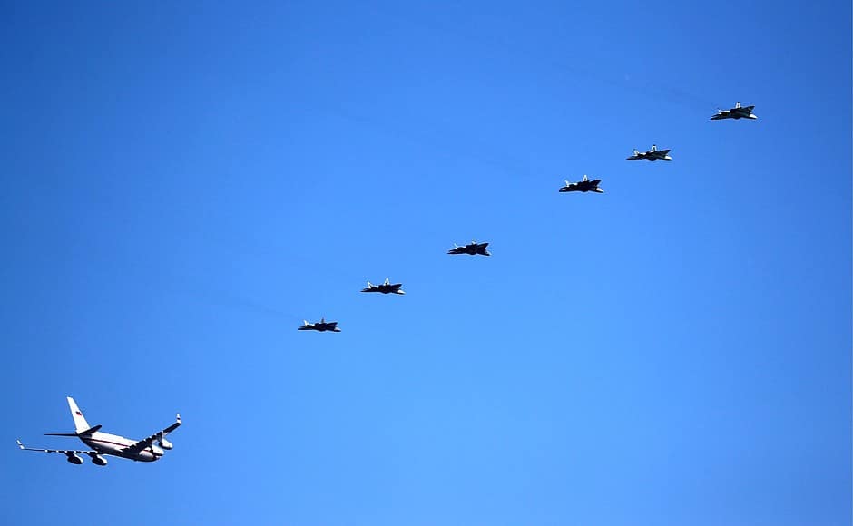 A formation of Sukhoi Su-57 fifth-generation fighters