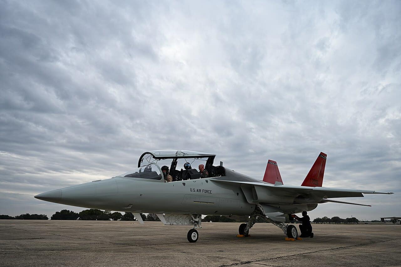 Lt. Col. Phillip Bourquin and Boeing test pilot Steve Schmidt after the T-7A Red Hawk arrival at JBSA-Randolph