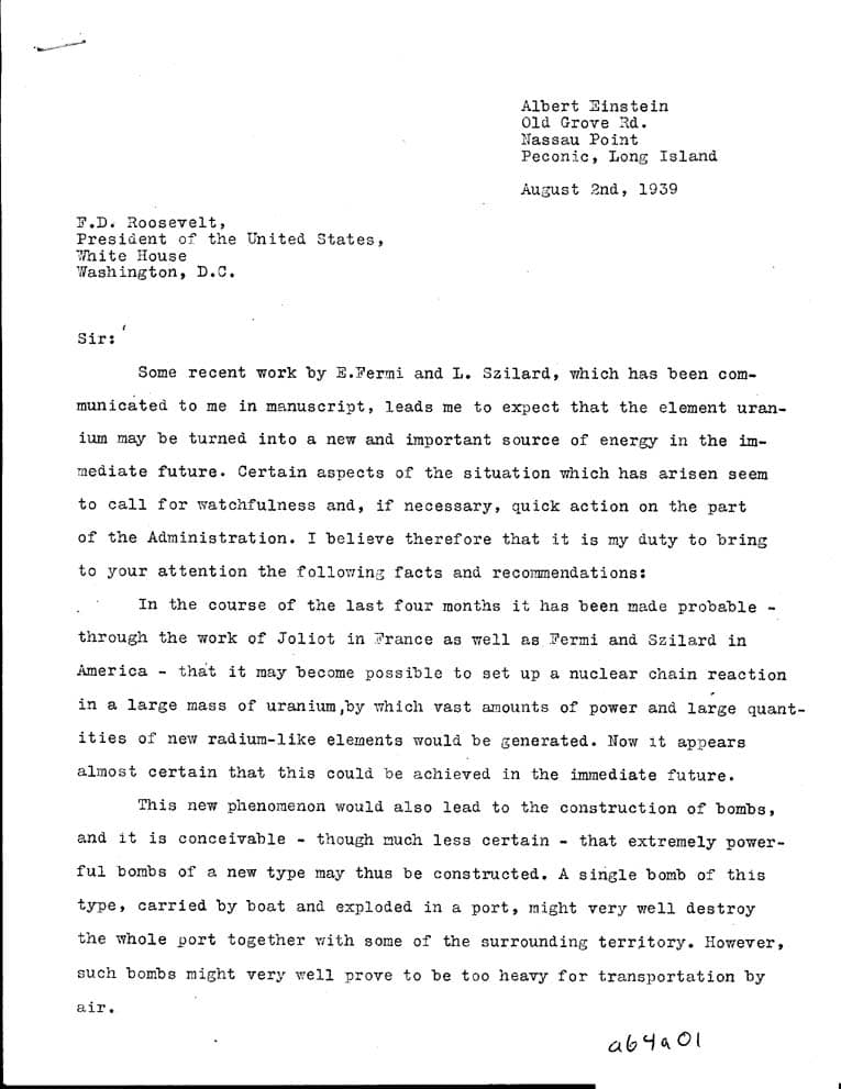 First page of the Einstein-Szilard letter to Roosevelt