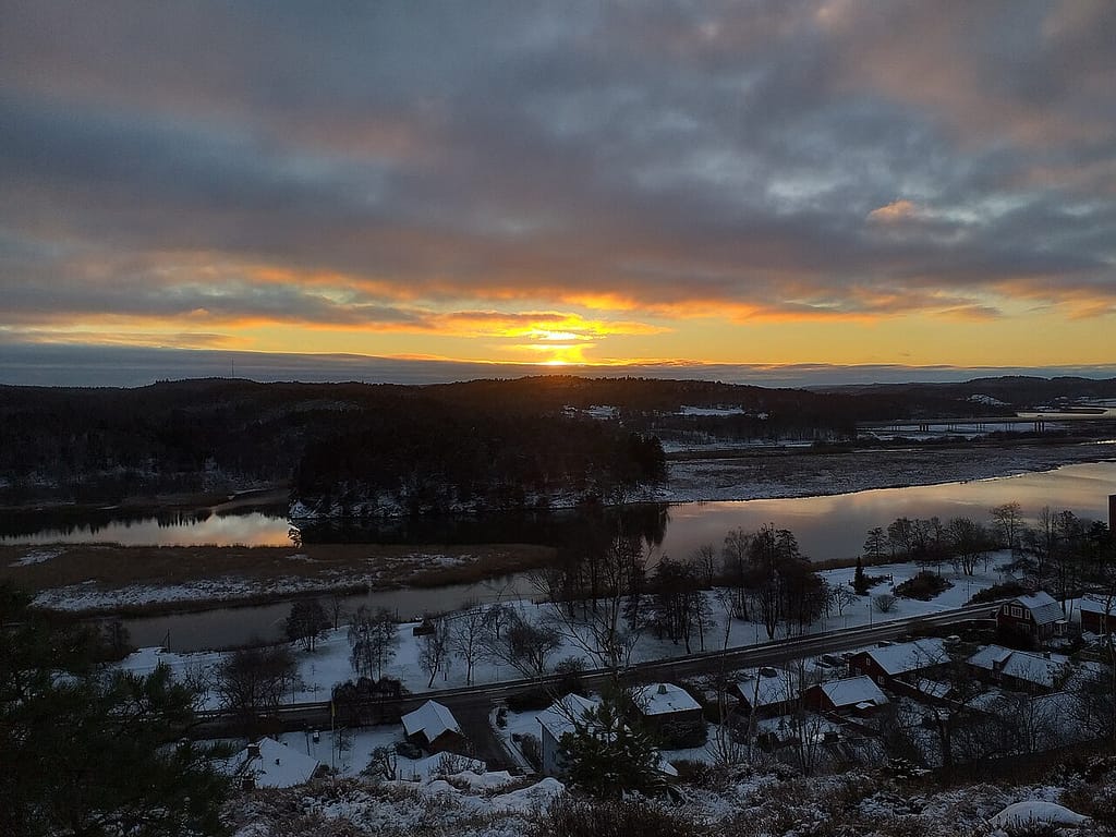The old town of Kungalv, Sweden, seen from the forest