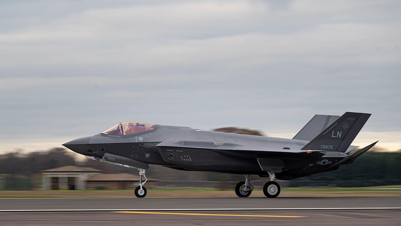 An F-35A Lightning II of the 495th Fighter Squadron lands at RAF Lakenheath, England