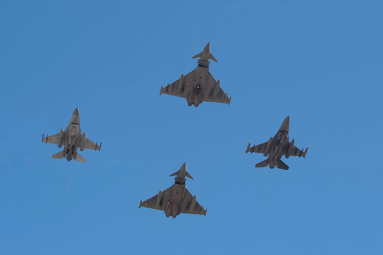 F-16 Fighting Falcon and Eurofighter Typhoon flying in formation