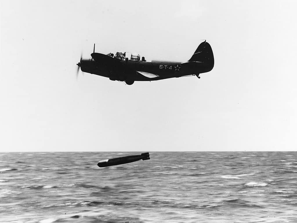 TBD Devastator dropping a Mark 13 torpedo