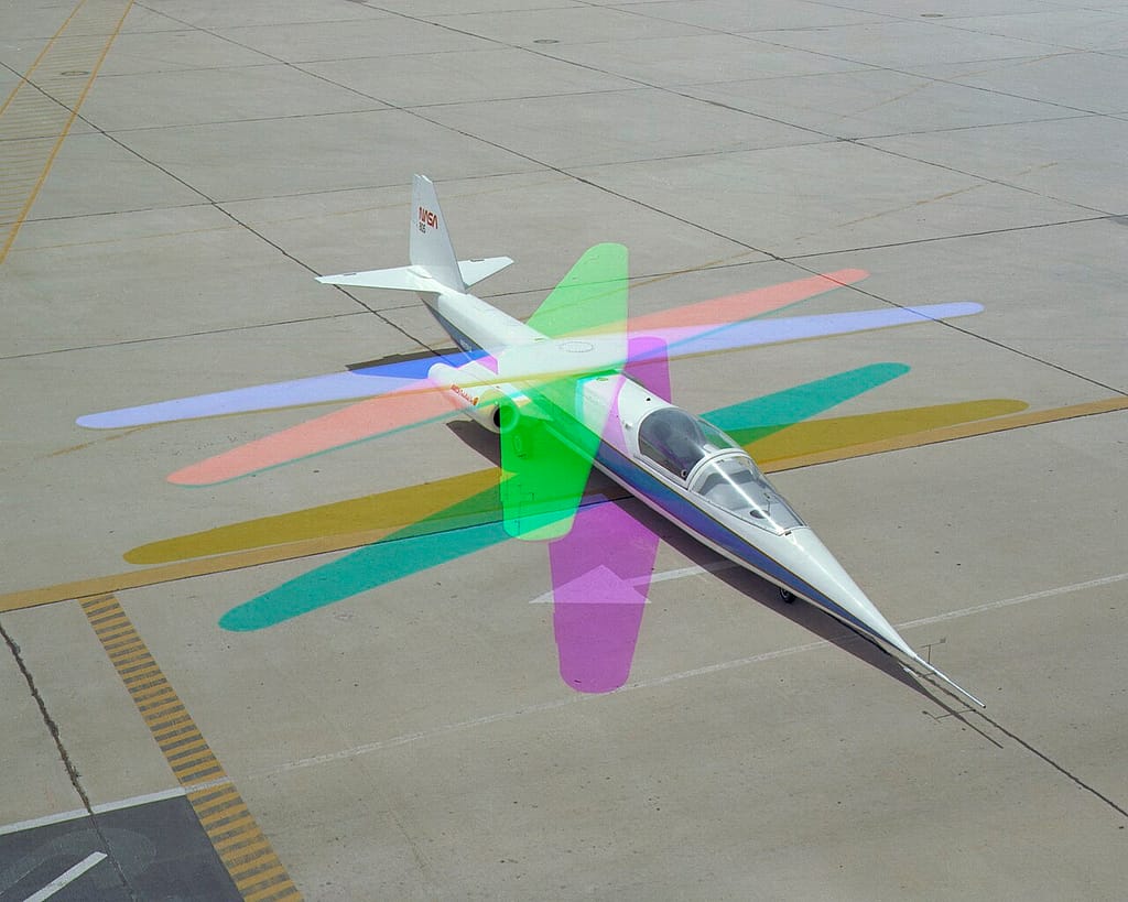 Multiple-exposure image of the AD-1 wing pivoting