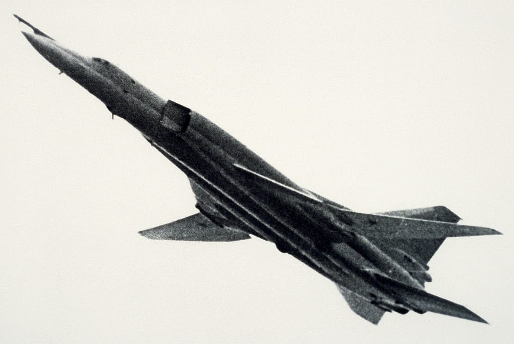 Soviet Tu-22M Backfire bomber climbing after takeoff in 1982