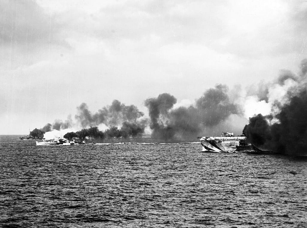 Taffy 3 escort carriers making smoke off Samar