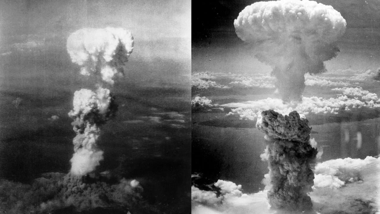 The mushroom clouds over Hiroshima (left) and Nagasaki (right), August 1945 The mushroom clouds over Hiroshima (left) and Nagasaki (right), August 1945