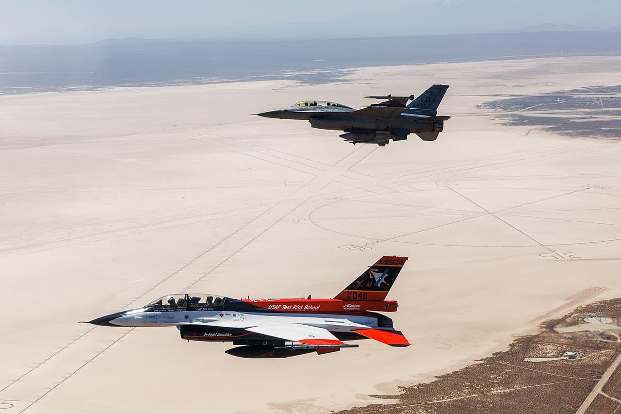 X-62A VISTA AI intercepts over Edwards AFB X-62A VISTA test aircraft in flight over Edwards Air Force Base