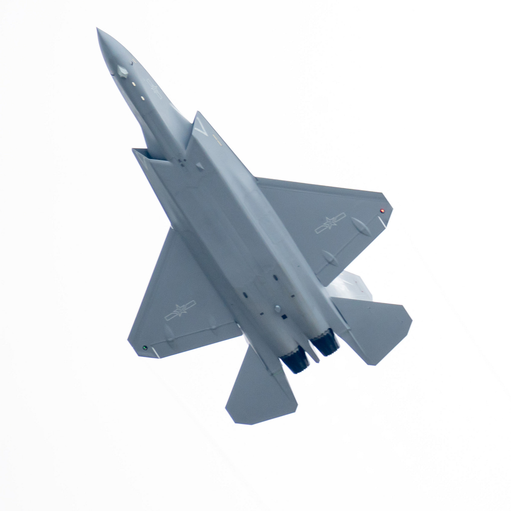 The land-based J-35A seen from below at Airshow China, Zhuhai 2024 note the internal-bay lines.