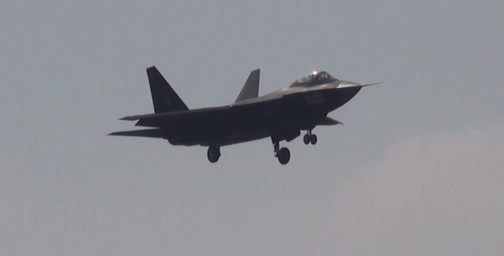 The FC-31 / J-31 demonstrator on the ground at Zhuhai, 2014, showing its twin-engine, twin-tail layout.