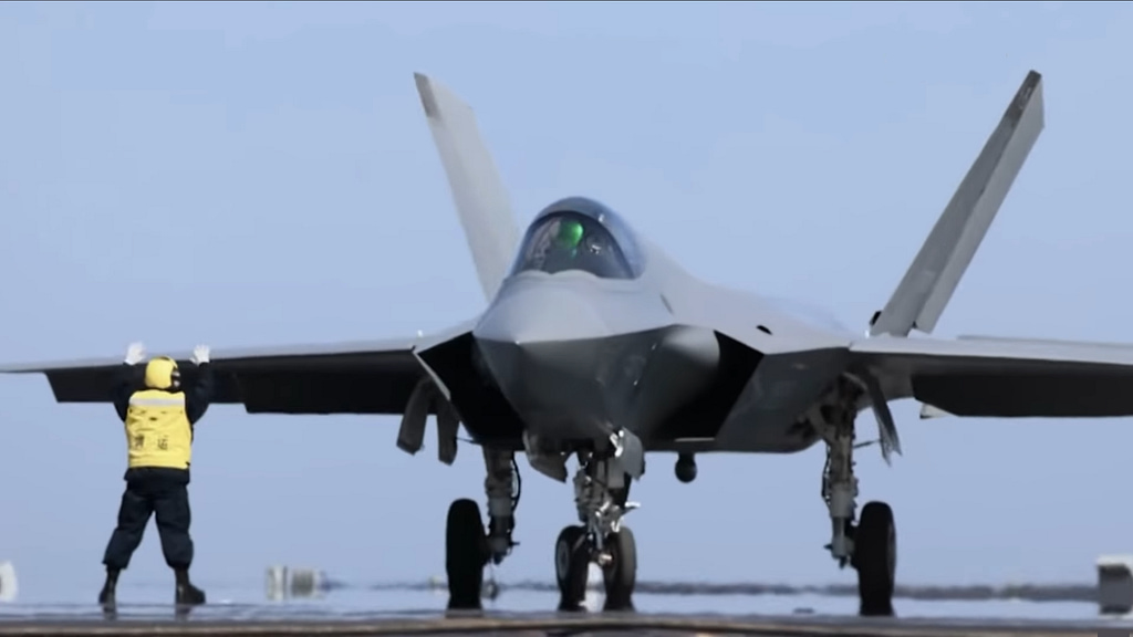 A PLA Navy J-35 on the deck of the carrier Fujian, the intended home of the naval variant.