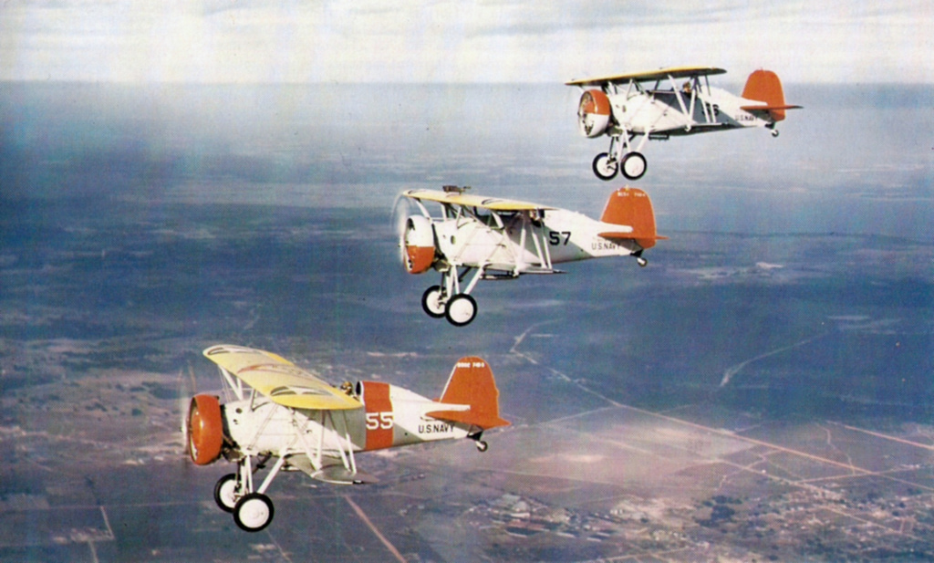 Boeing F4B training aircraft in flight, c.1941. Photo: US Navy, public domain.