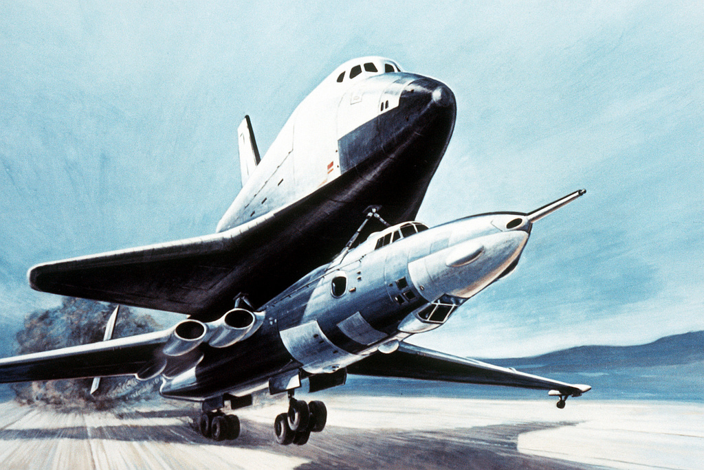 A Buran orbiter rides atop a VM-T Atlant a 3M rebuilt to ferry space-shuttle hardware.