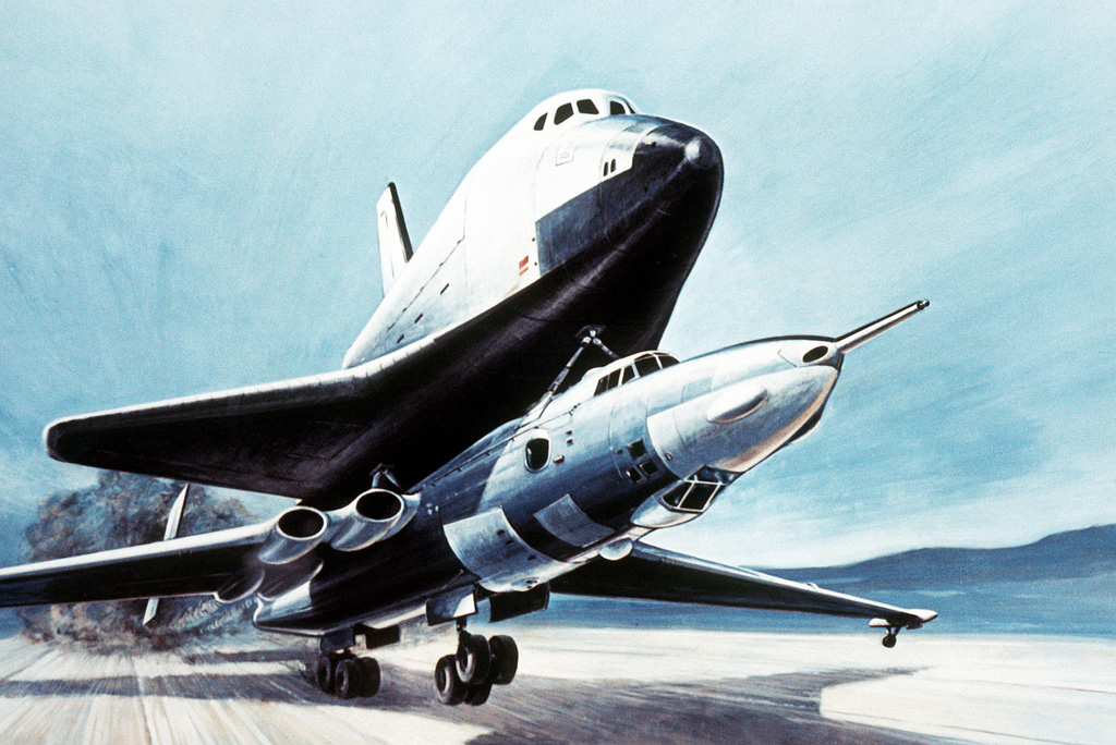 A Buran orbiter rides atop a VM-T Atlant a 3M rebuilt to ferry space-shuttle hardware.