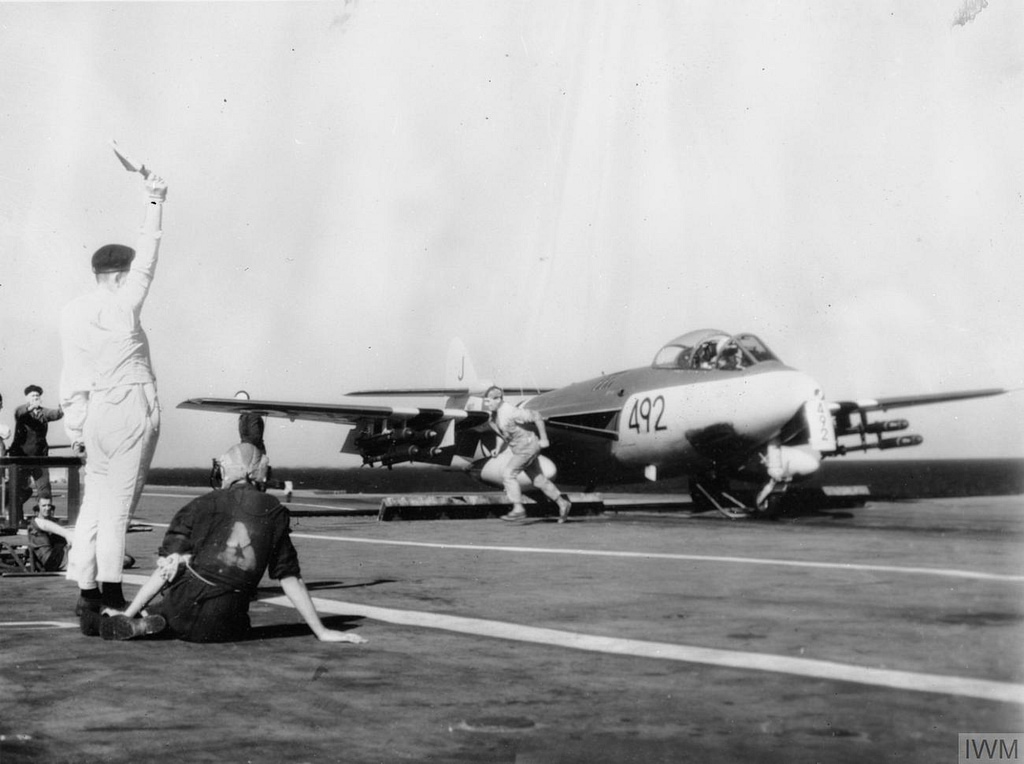 Hawker Sea Hawk naval jet fighter of the Royal Navy on a carrier catapult during the Suez Crisis