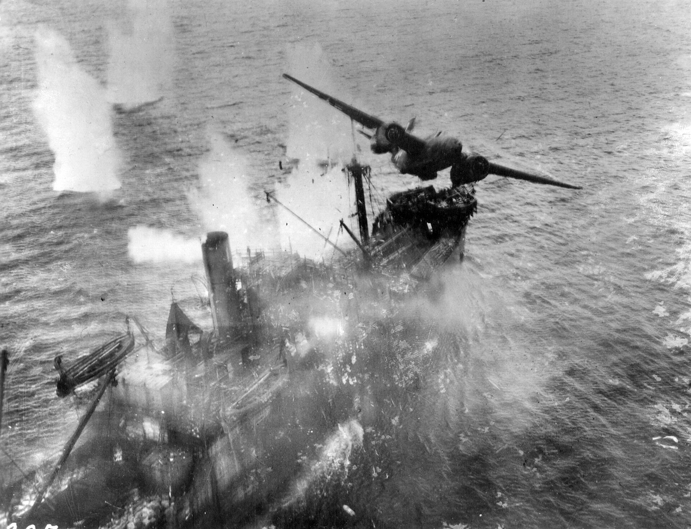 Douglas A-20 Havoc attacking a Japanese merchant ship at low level off Wewak, New Guinea, 1944