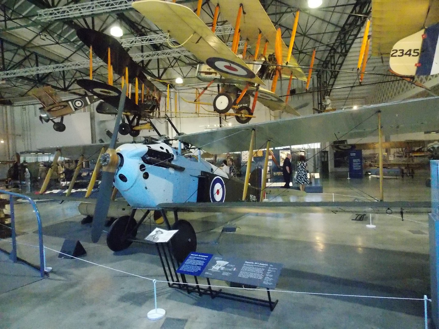 A Sopwith 5F.1 Dolphin on display in a hangar at the RAF Museum London