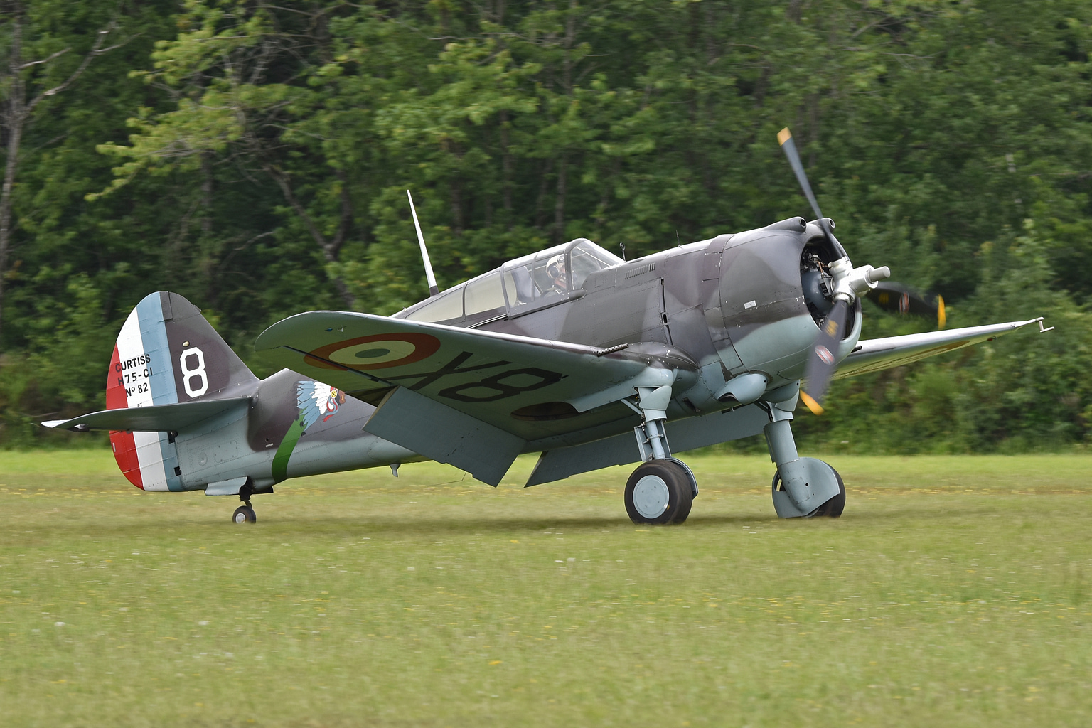 Airworthy Curtiss Hawk 75A-1 in French Groupe de Chasse markings in flight