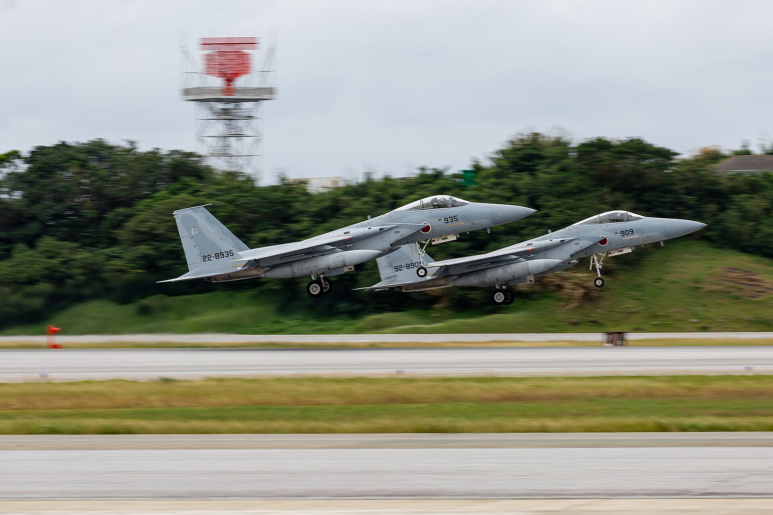 Mitsubishi F-1 Japanese support fighters taking off in pair