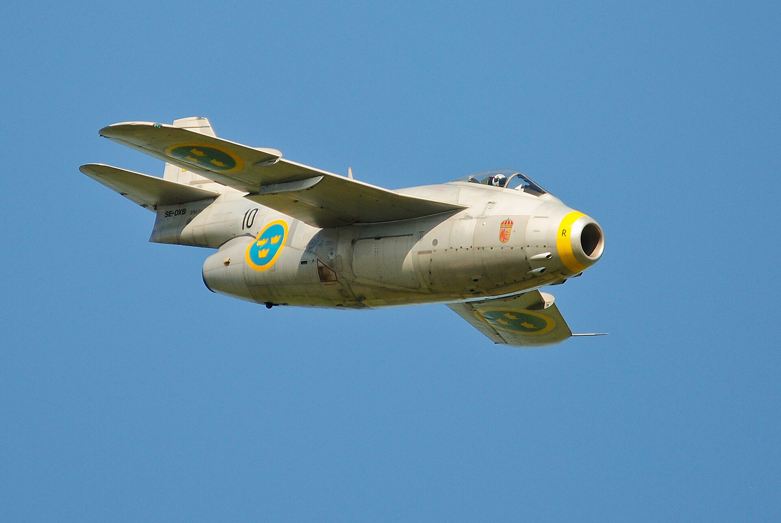 Saab 29 Tunnan, Europe’s first swept-wing jet fighter, in flight
