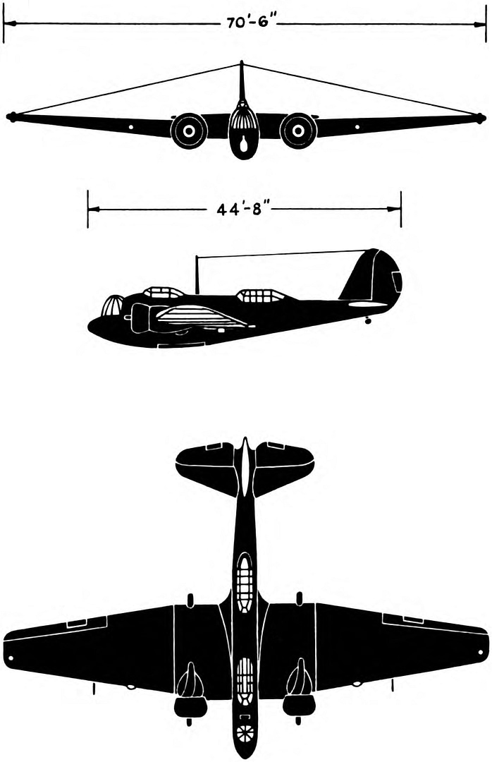 Three-view silhouette drawing of the Martin B-10 bomber