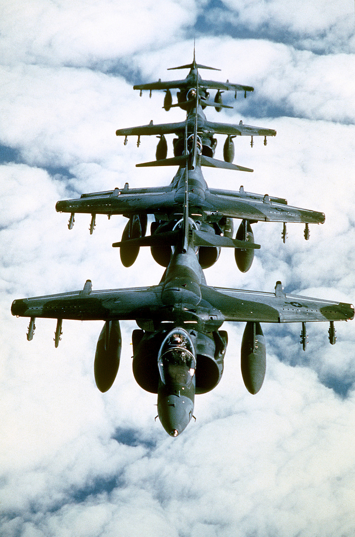 A formation of US Marine Corps AV-8B Harriers of squadron VMA-513.