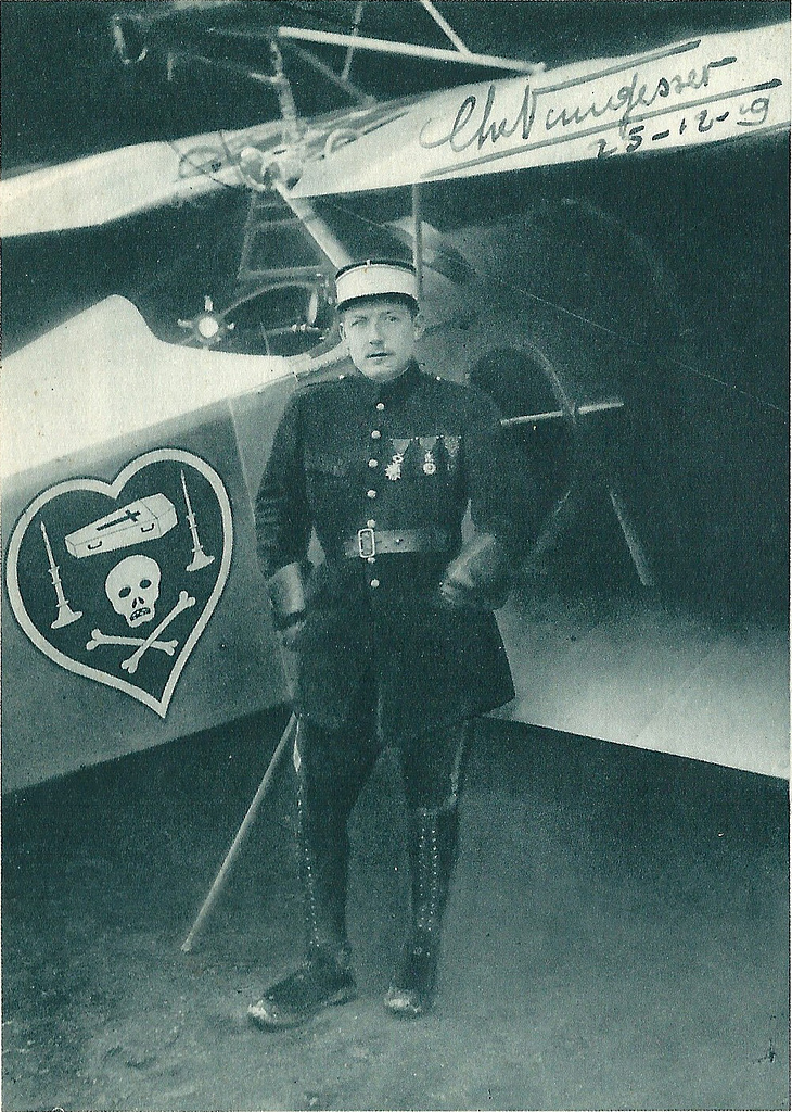 French ace Charles Nungesser beside a Nieuport with his skull-and-coffin emblem