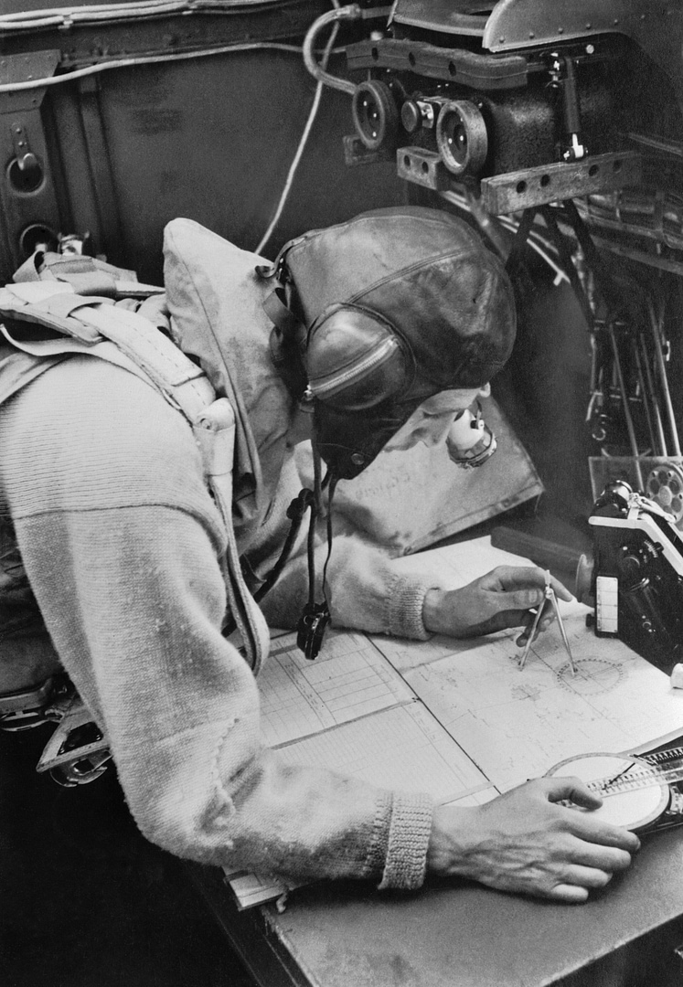 Navigator at the chart table of a Short Stirling