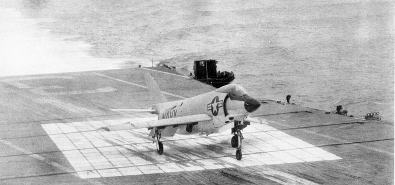 A Demon recovering aboard USS Bon Homme Richard in the mid-1950s single-engine landings left no margin.