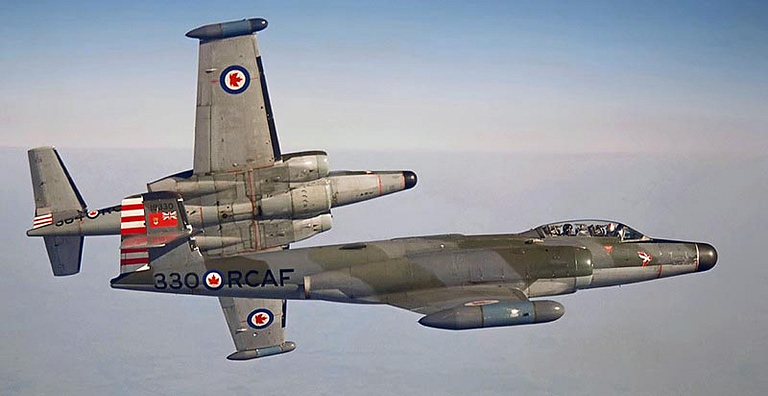 An RCAF CF-100 Canuck in flight Canadas straight-winged, twin-jet all-weather interceptor.