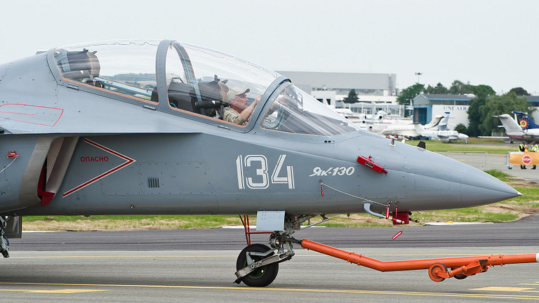 A head-on view showing the Yak-130s intakes and leading-edge root extensions.