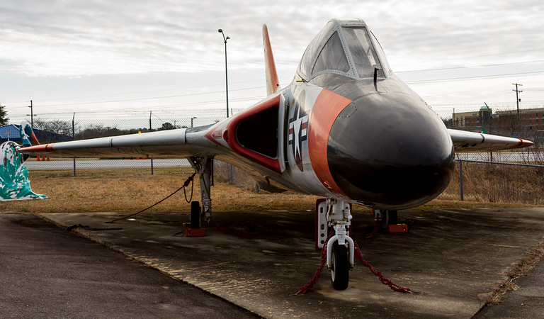A preserved F-6A Skyray on museum display the aircrafts manta-ray shape up close.