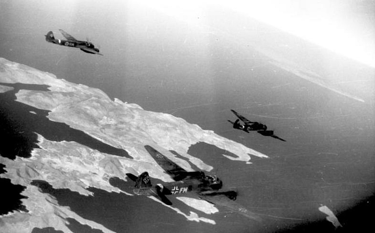 Junkers Ju 88 bombers in formation over Crete during the Mediterranean campaign.