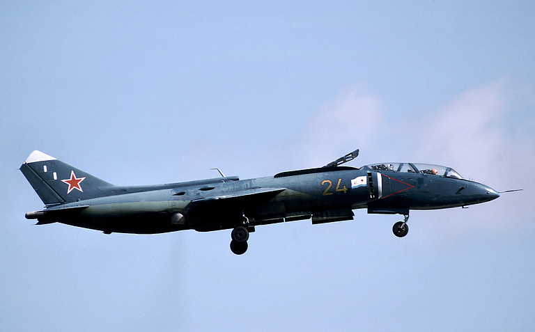 The two-seat Yak-38U Forger-B trainer, with its stepped tandem cockpit.