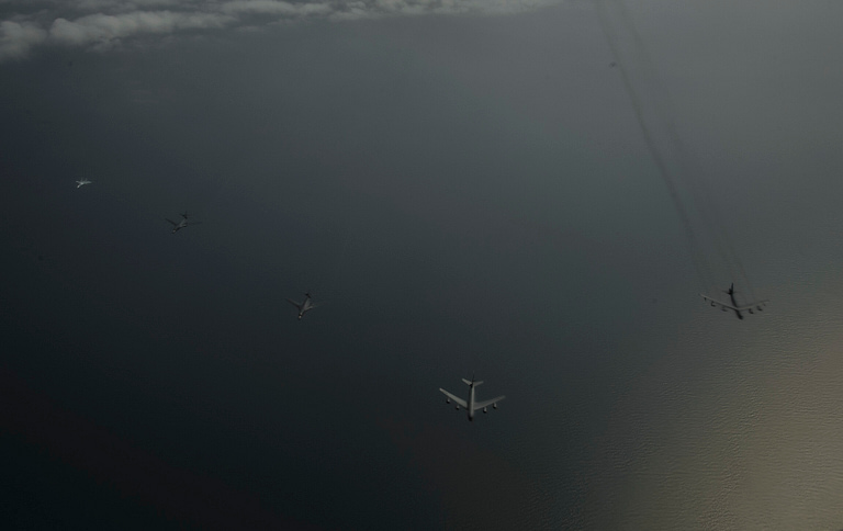 B-1B Lancers on a Bomber Task Force mission over the Baltic with allied fighters.