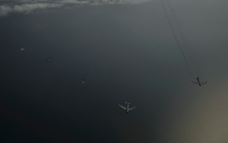 B-1B Lancers on a Bomber Task Force mission over the Baltic with allied fighters.