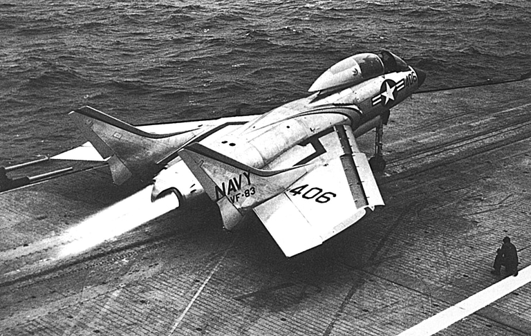 An F7U-3M Cutlass launches from USS Intrepid, 1954 underpowered engines at full thrust.