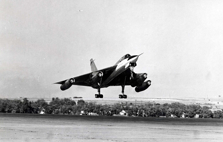 A Convair XB-58 prototype rotating on takeoff at Fort Worth, Texas.