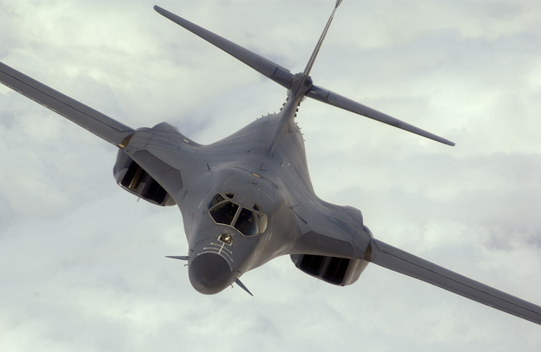 A Rockwell B-1B Lancer in flight the variable-sweep supersonic heavy bomber.