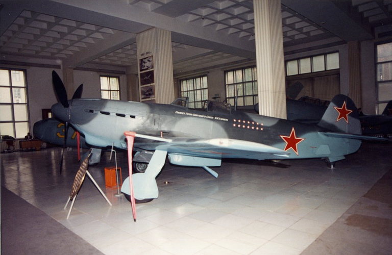Front-quarter view of a Yakovlev Yak-9 fighter