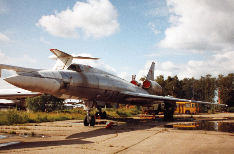 A period photograph of an early Tu-22 Blinder at Sheremetyevo Airport, Moscow.