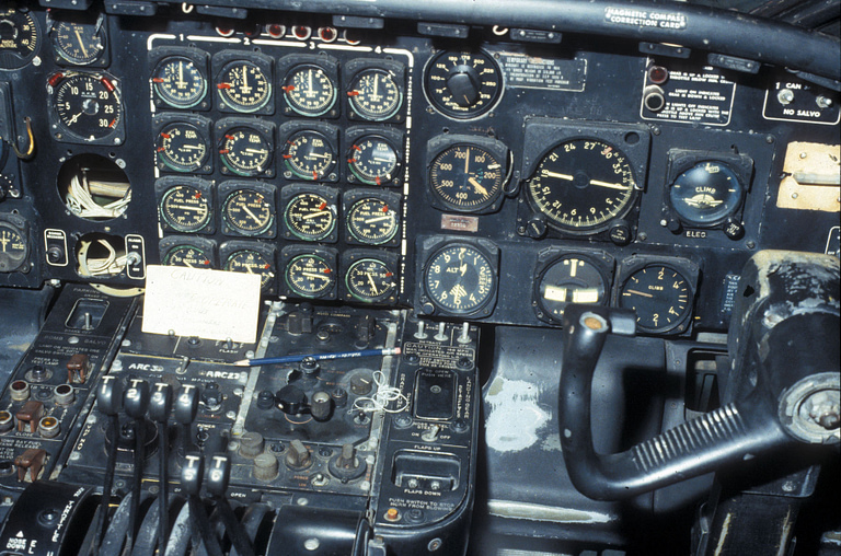 Inside the flight deck of a B-36J the office of a fifteen-strong crew.