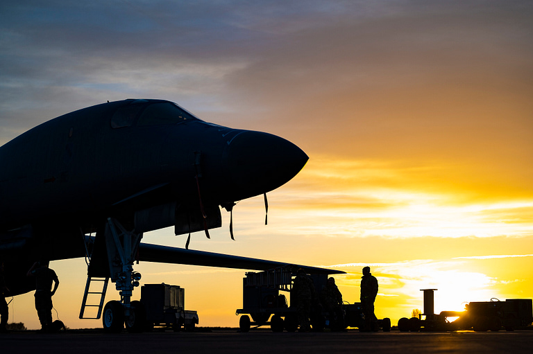 A B-1B at sunset during maintenance the fleet is ageing toward retirement.