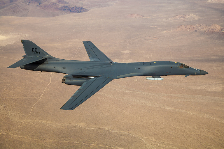 A B-1B in an external captive-carry weapons demonstration testing an expanded payload.
