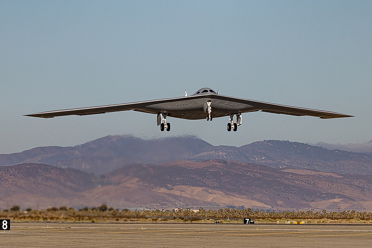 B-21 Raider taking off with landing gear down at Edwards Air Force Base