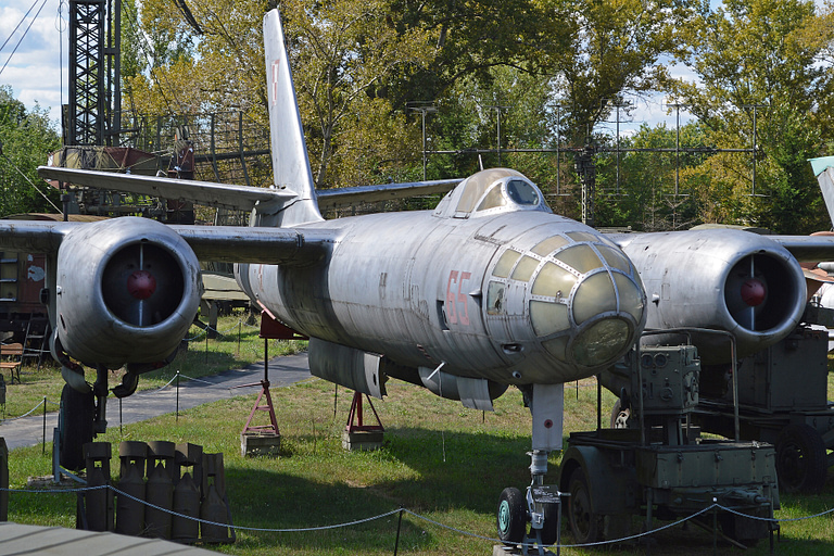 An Ilyushin Il-28 Beagle preserved on display, showing the twin underwing engine nacelles.