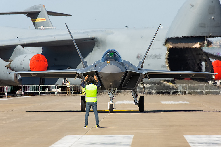 A head-on view of the KF-21, showing its twin-engine, stealth-influenced shaping.