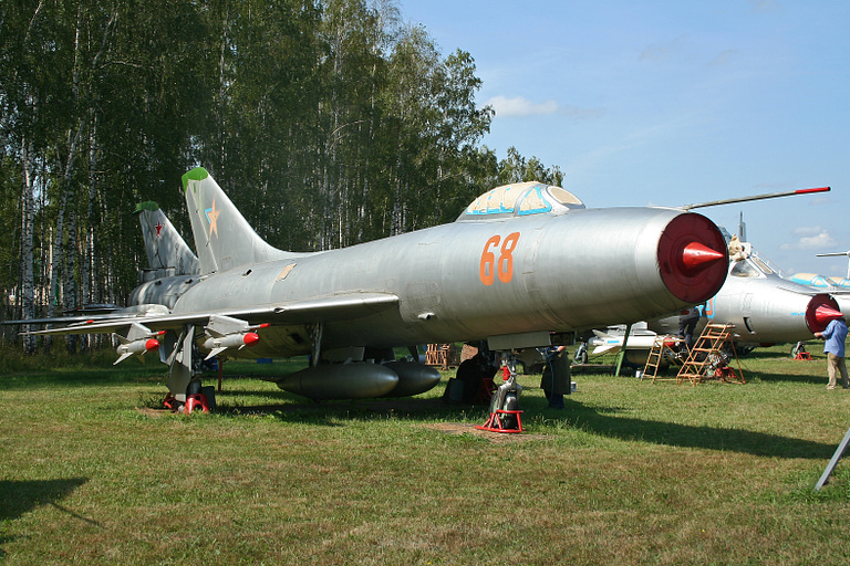 A Sukhoi Su-9 preserved in Soviet markings delta wing, nose-intake shock cone and underwing missiles.