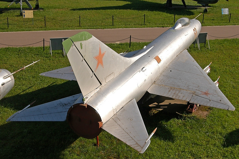 A Su-9 preserved at Monino the delta planform and tail seen from behind.